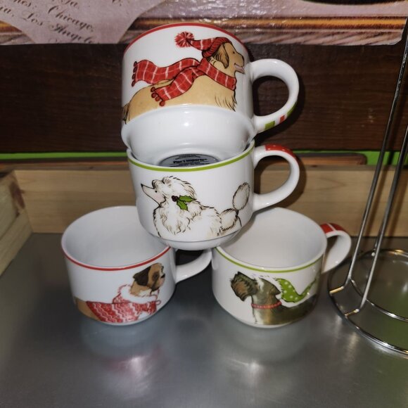 Dog-Themed Ceramic Stackable Coffee Mug Set With Metal Stand - Picture 2 of 7